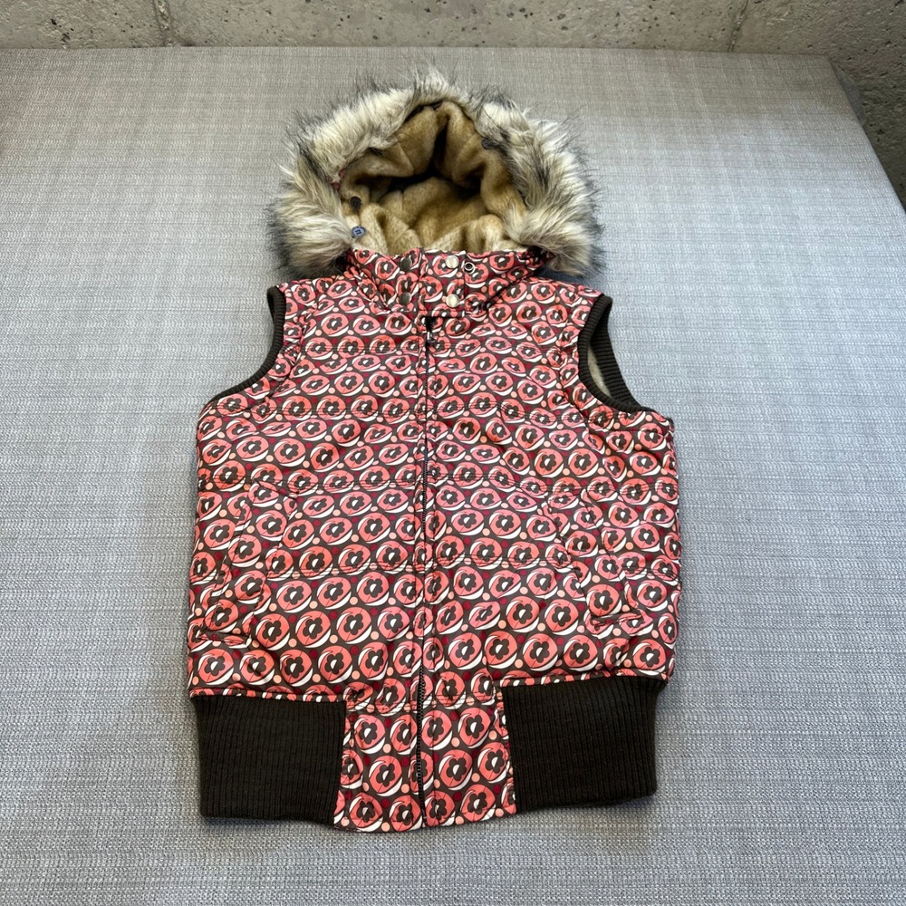 Aeropostale Hooded‎ Puffer Vest Women M Faux Fur Lined Quilted Pink Print Winter
